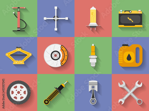 Icon set of Car repair parts, car service. Flat style