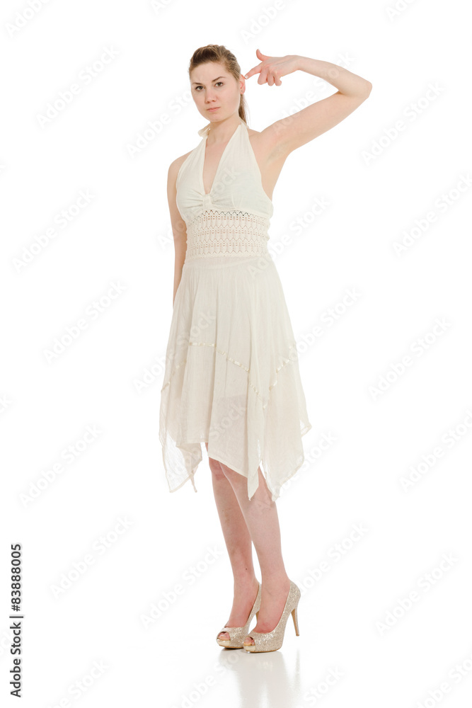 Model isolated pointing to herself