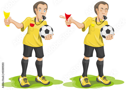 Set soccer referee whistles and shows card.