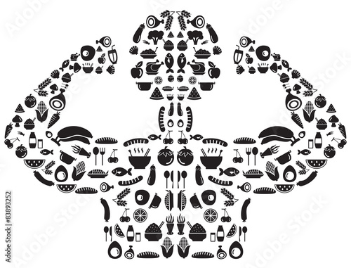 Silhouette food icon designed to look like a strong man body wit