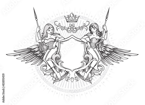 Winged Emblem with two long-hair girls holding the shield