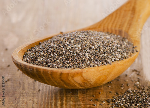 chia seeds on rustic  wooden table.