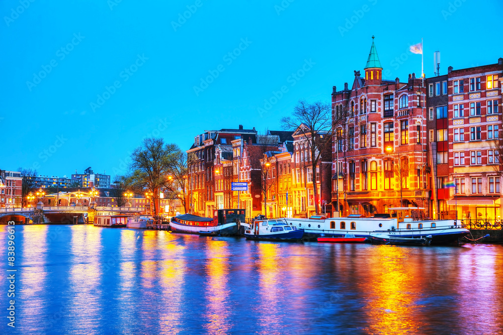 Night city view of Amsterdam