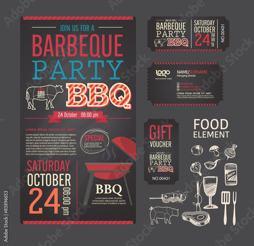 Barbecue party BBQ template menu design set. name card, gift vou