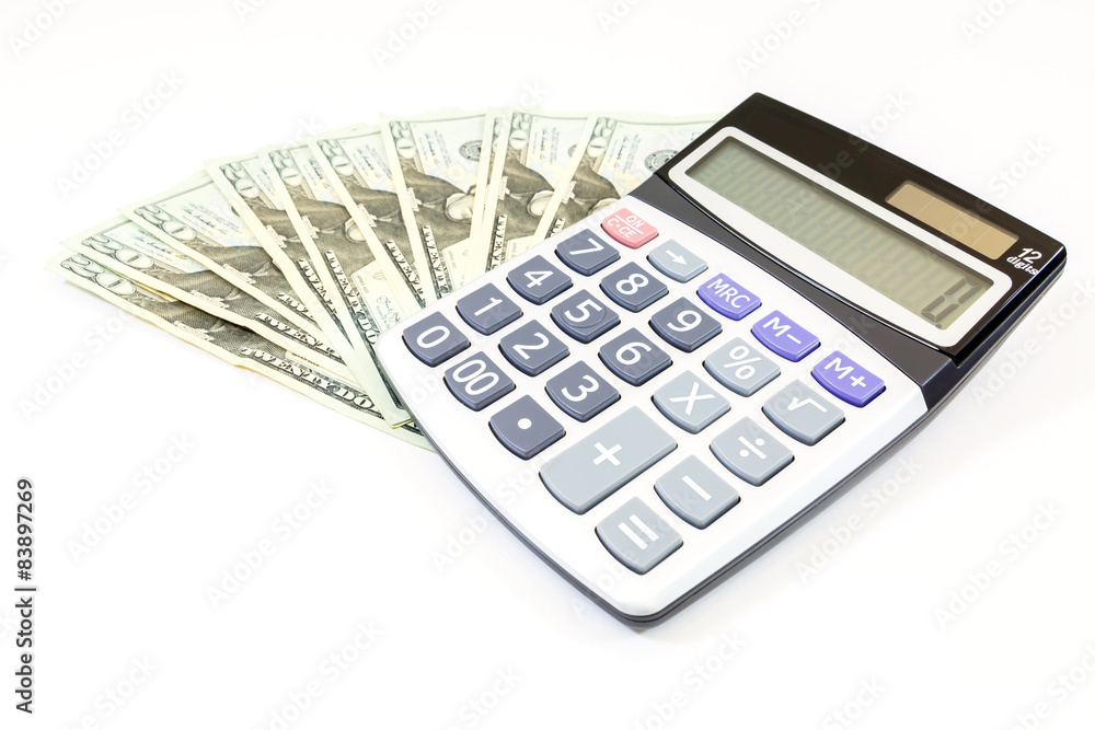 dollars money with calculater on white background dollars money with calculater on white background