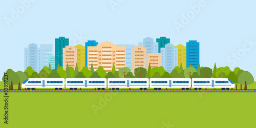 Train on railway with city background