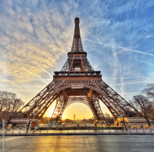 Wide shot of Eiffel Tower with dramatic sky, Paris, France © TTstudio