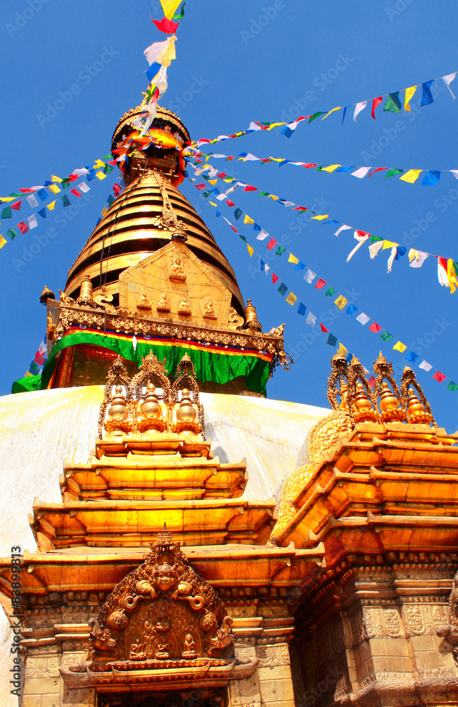 Fototapeta premium Stupa and prayer flags in Swayambhunath, Kathmandu, Nepal
