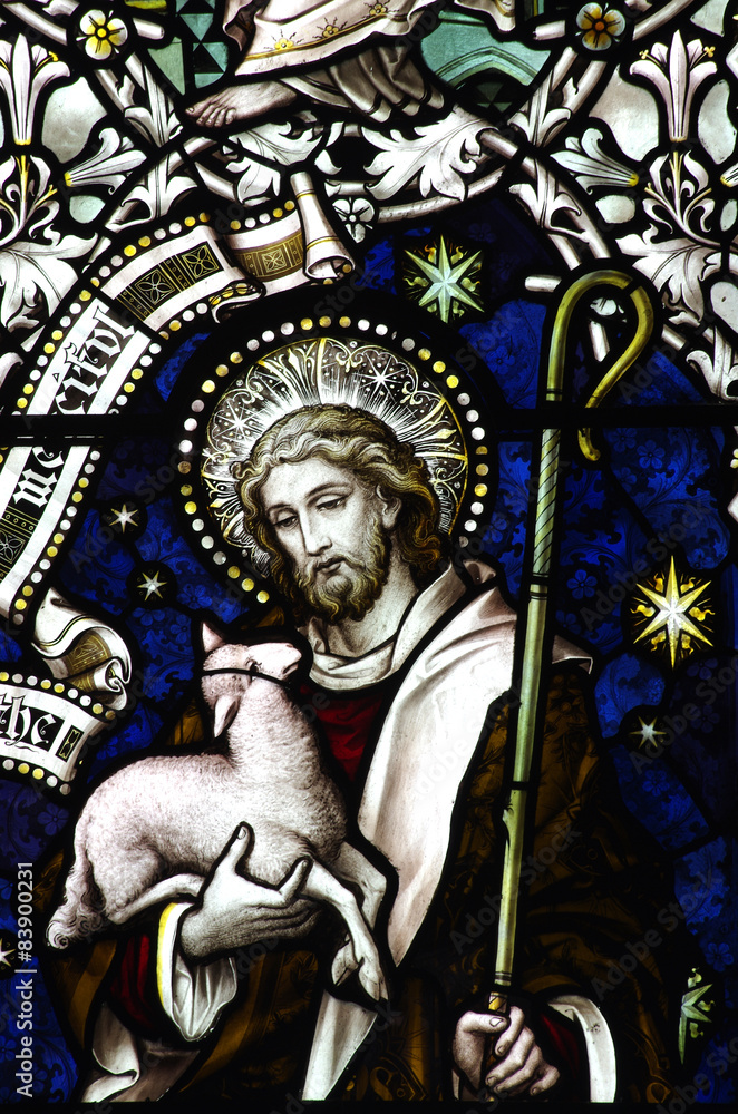 Jesus Christ the Good Shepherd in stained glass - obrazy, fototapety, plakaty 