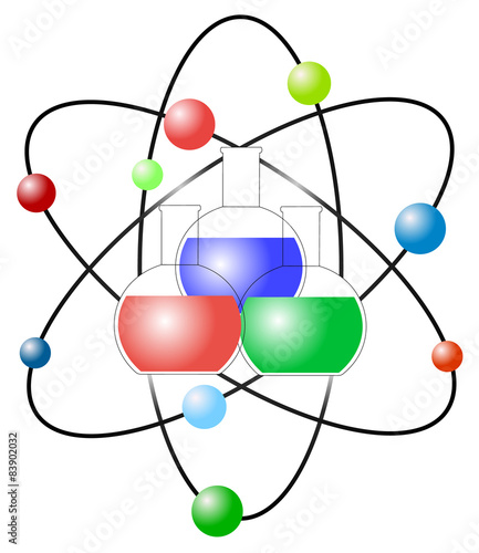 Vector atom scheme with colored laboratory flasks