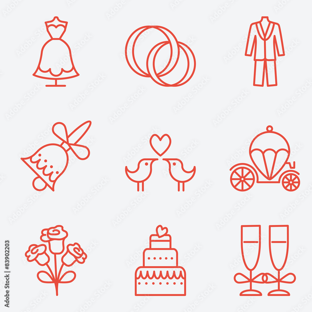 Wedding icons, thin line style, flat design Stock Vector | Adobe Stock