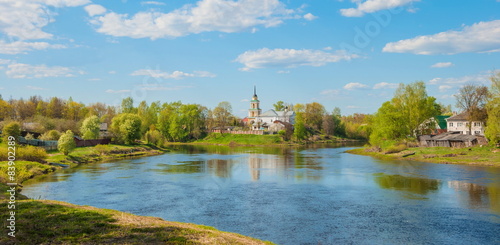 Rural landscape with river and the Church on river