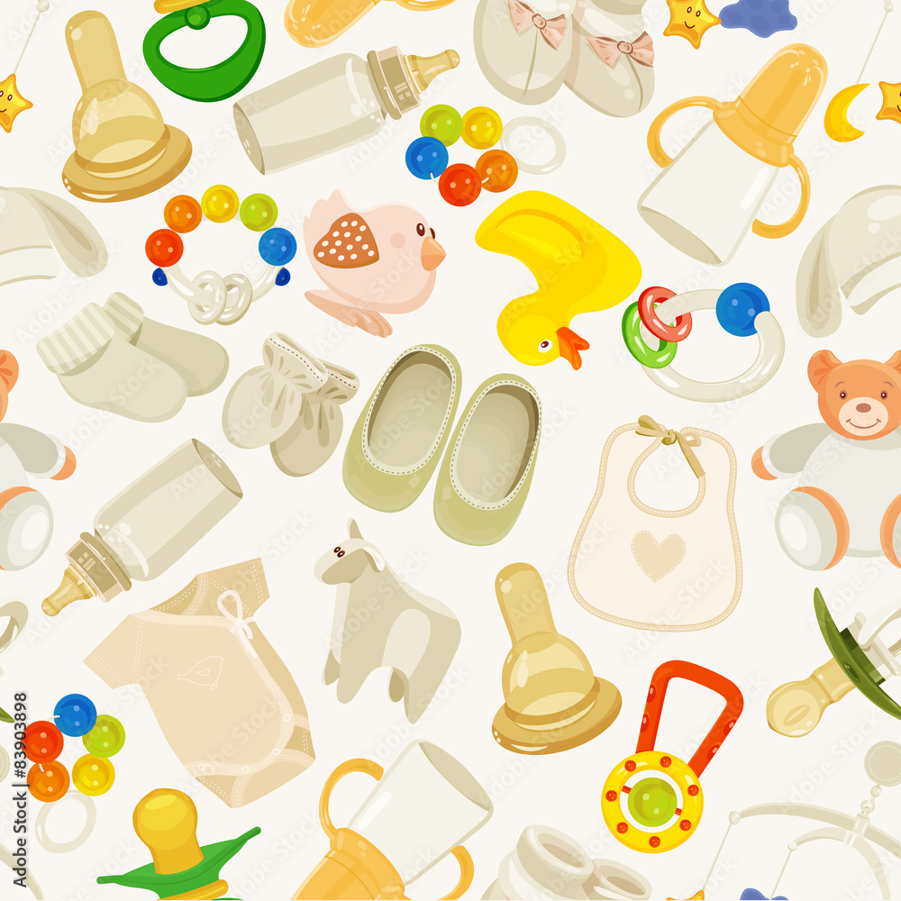 seamless pattern with colorful baby items. Neutral design seamless pattern with colorful baby items. Neutral design