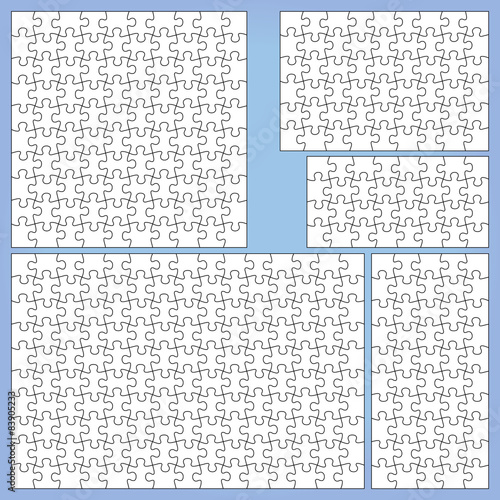 Puzzle set: 32, 50, 54, 100, 150 pieces. Outline vector jigsaw.