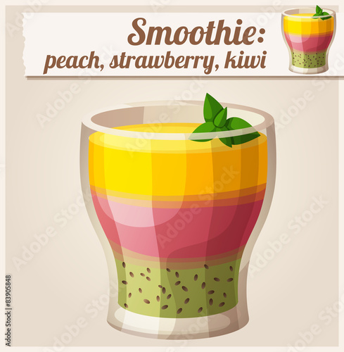 Peach, strawberry and kiwi smoothie in glass. Detailed Vector
