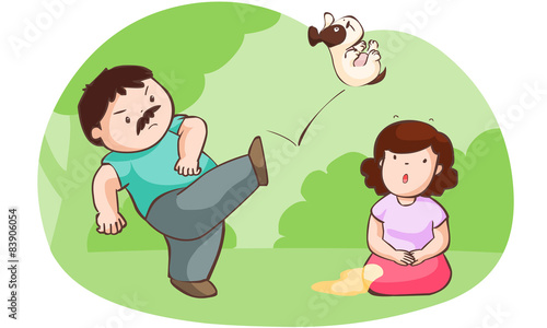 husband kick dog for protect his wife vector