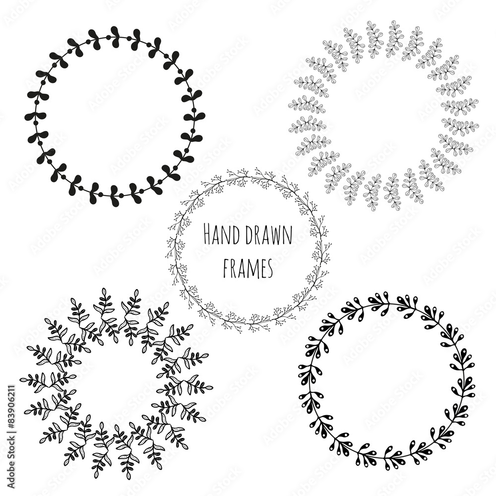 Set of circle hand drawn isolated frames. Cute leaves round frames for greeting card. Vector decoration collection. Set of circle hand drawn isolated frames. Cute leaves round frames for greeting card. Vector decoration collection.