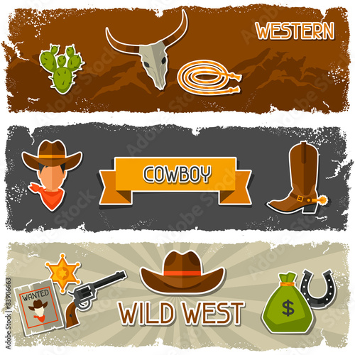 Wild west banners with cowboy objects and stickers