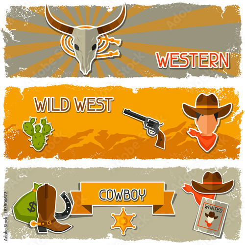 Wild west banners with cowboy objects and stickers