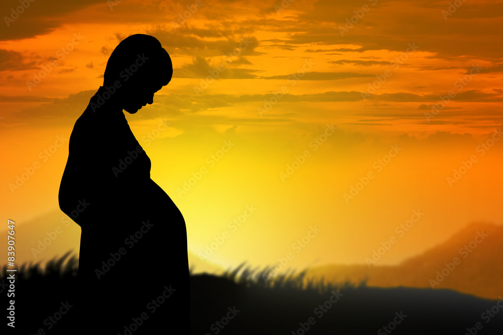 Silhouette of pregnant woman in the sunset
