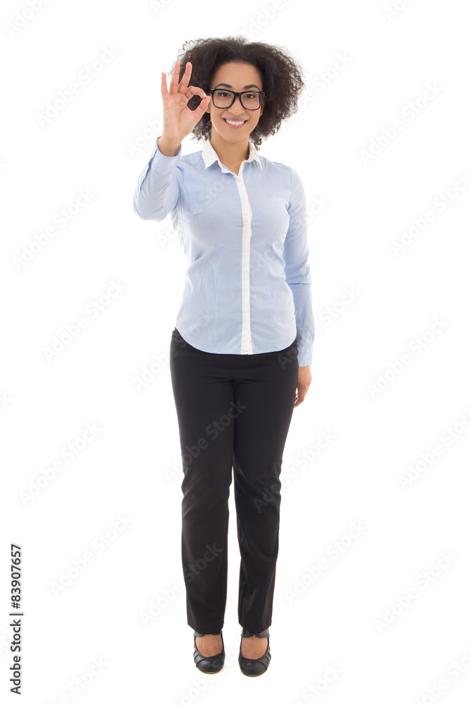 happy african american business woman showing ok sign isolated o happy african american business woman showing ok sign isolated o