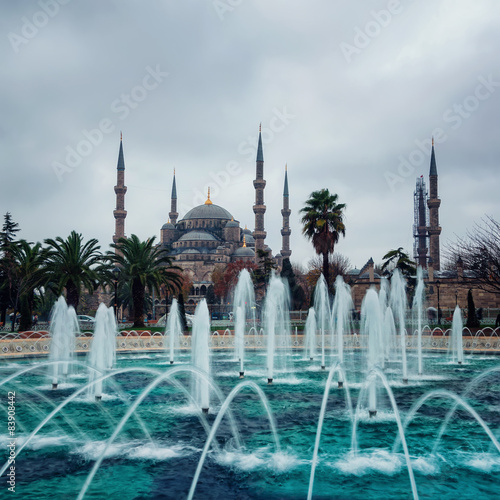 Blue Mosque in Istanbul, Turkey with fountain at the foreground