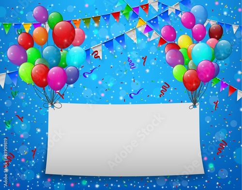 Flying balloons with paper and place for text blue background