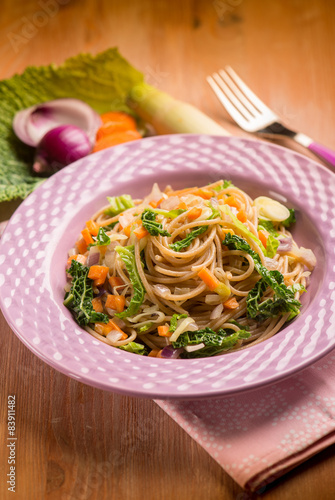 spaghetti with vegetarian ragout, selective focus