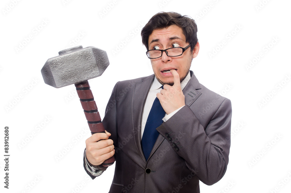 Business man holding hammer isolated on white Business man holding hammer isolated on white