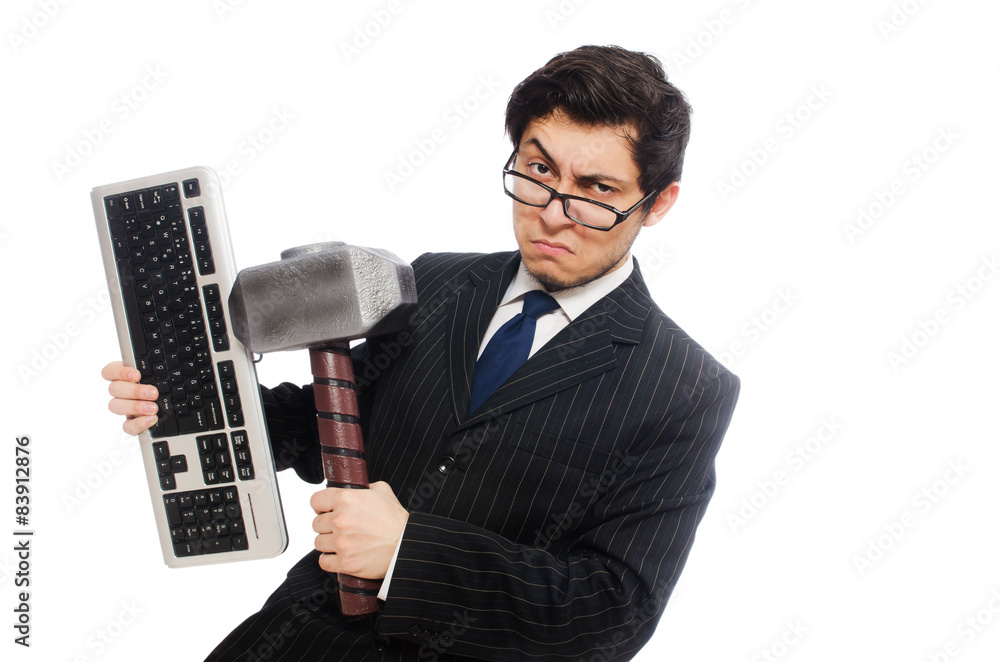 Young employee with keyboard isolated on white Young employee with keyboard isolated on white