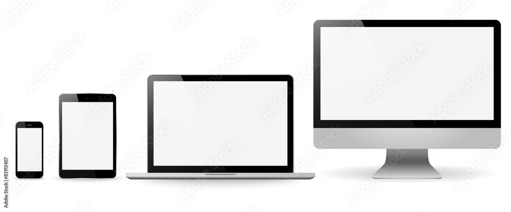 Set realistic Monitors laptop tablet and phone vector illustrati - obrazy, fototapety, plakaty 
