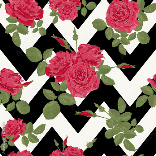 Seamless flower red roses pattern with horizontal zig zag