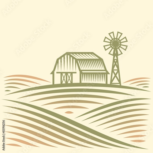 Agriculture Landscape with Barn and Wind Turbine. American Farm