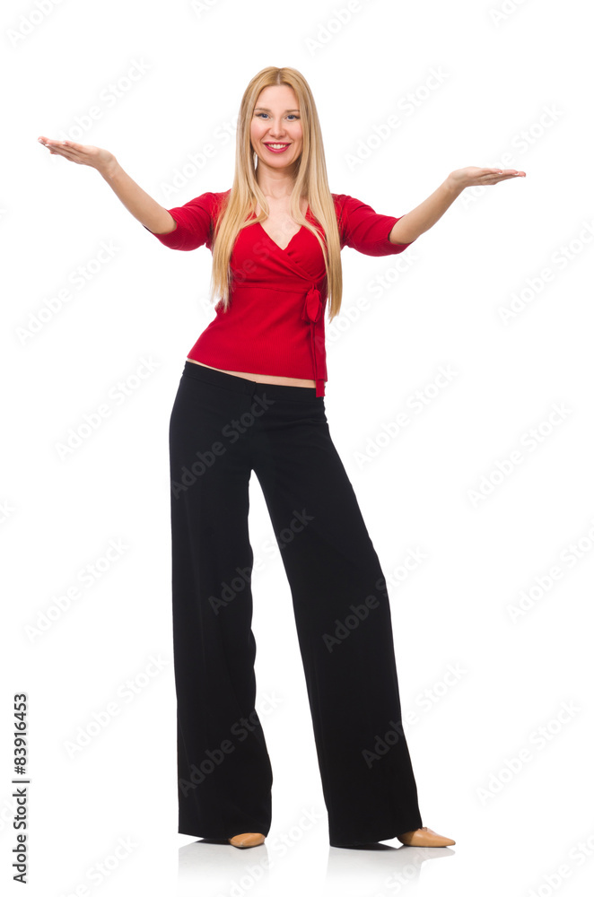 Young woman in flared pants isolated on white Young woman in flared pants isolated on white
