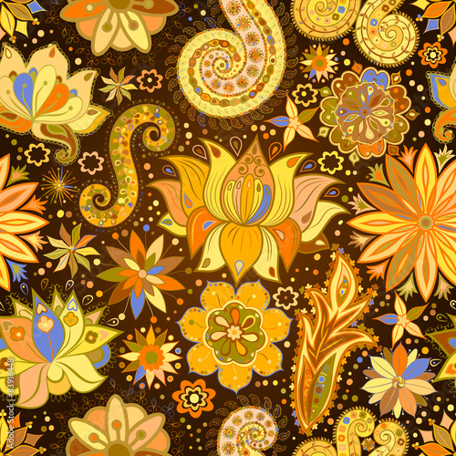 Vintage floral motif ethnic seamless background.