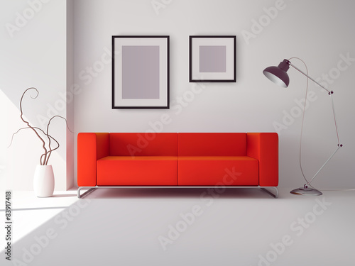 Red sofa with frames and lamp