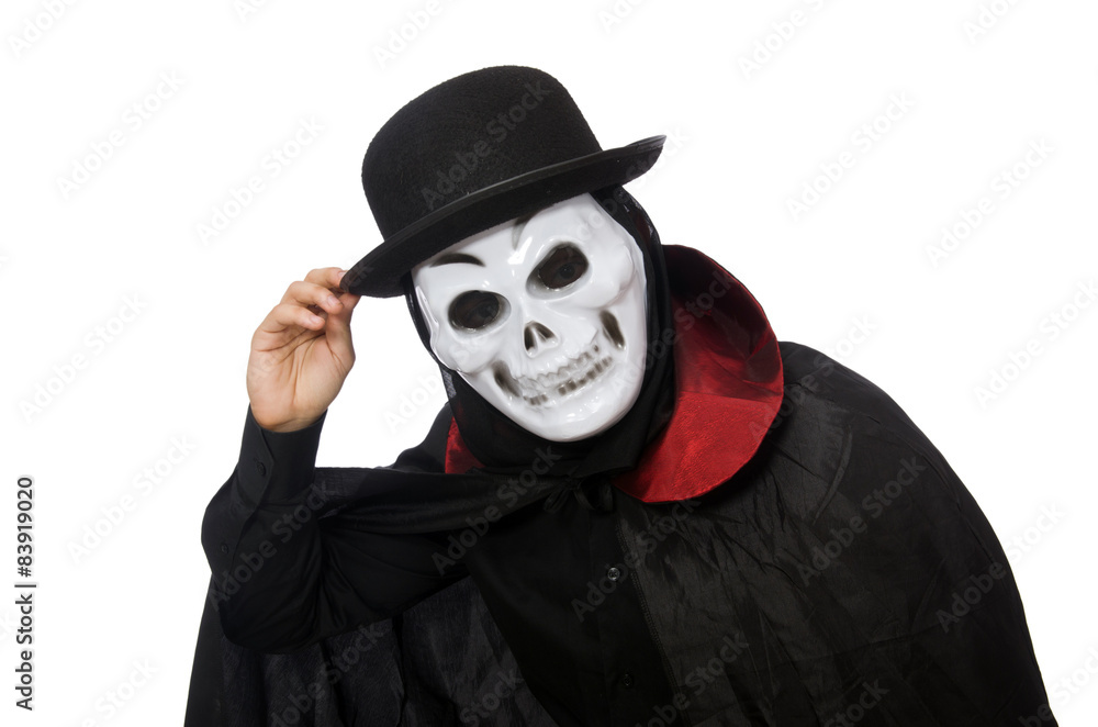 Man in horror costume with mask isolated on white Man in horror costume with mask isolated on white