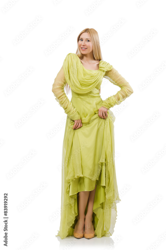 Pretty girl in elegant green dress isolated on white