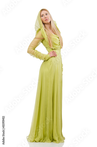 Pretty girl in elegant green dress isolated on white