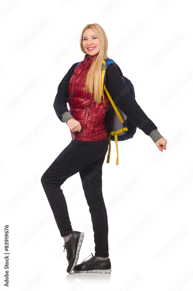 Young woman student with backpack isolated on white Young woman student with backpack isolated on white