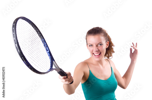 Woman tennis player isolated on white