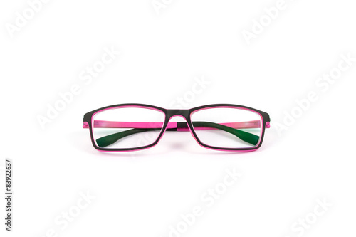 Black and pink eye plastic glasses isolated on white background