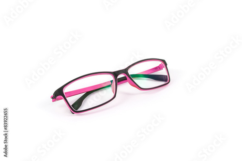 Black and pink eye plastic glasses isolated on white background
