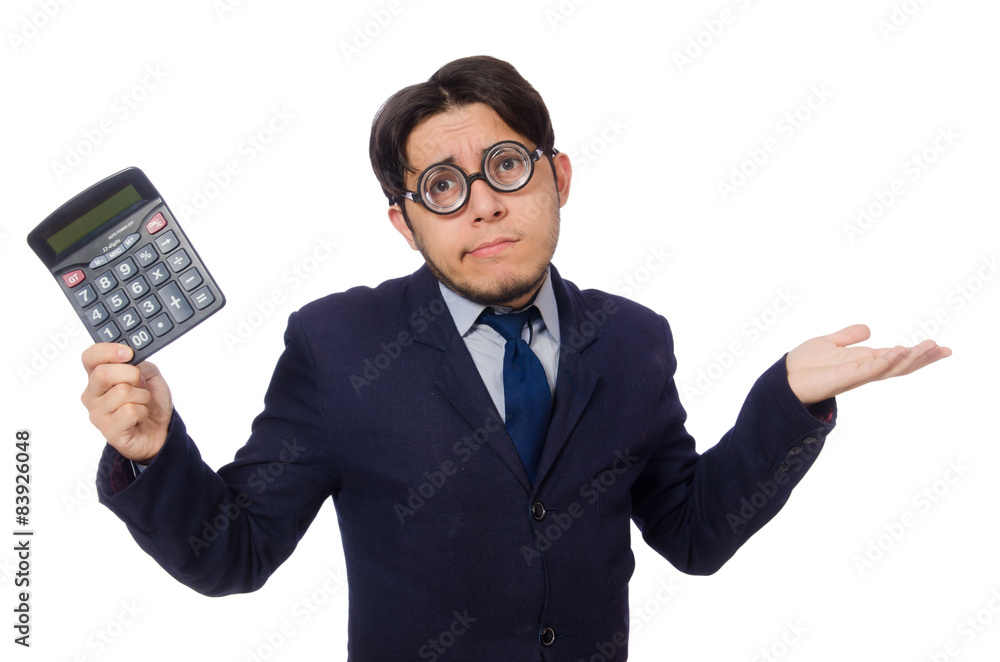 Funny man with calculator isolated on white Funny man with calculator isolated on white