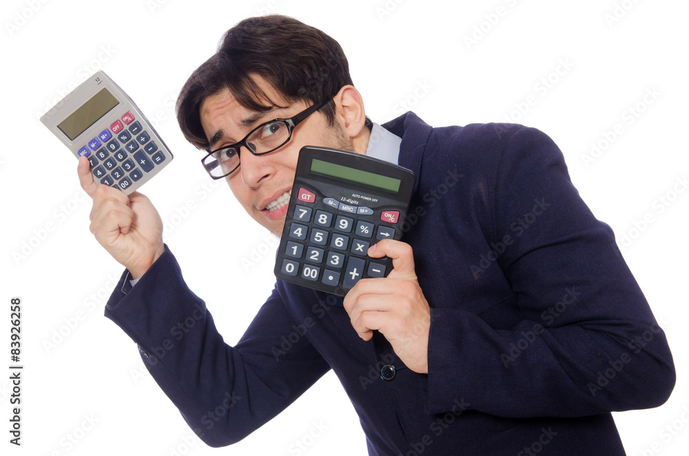 Funny man with calculator isolated on white Funny man with calculator isolated on white