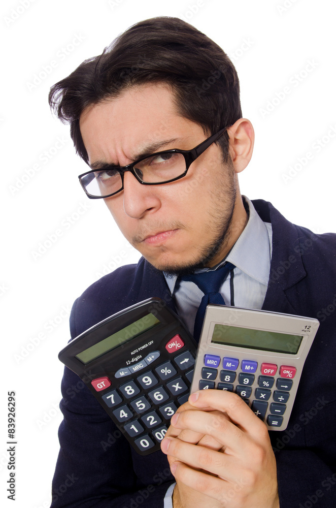 Funny man with calculator isolated on white Funny man with calculator isolated on white