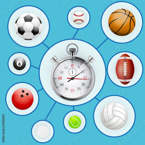 Realistic Sport balls and stopwatch with markers.