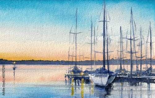 Obraz na płótnie Letni krajobraz z łodzi żaglowych w zatoce.