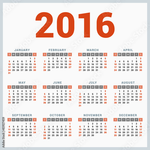 Calendar for 2016 on White Background. Week Starts Sunday