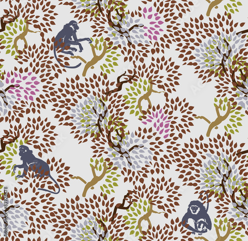 Abstract floral seamless pattern. Trees and monkeys. Exotic wood